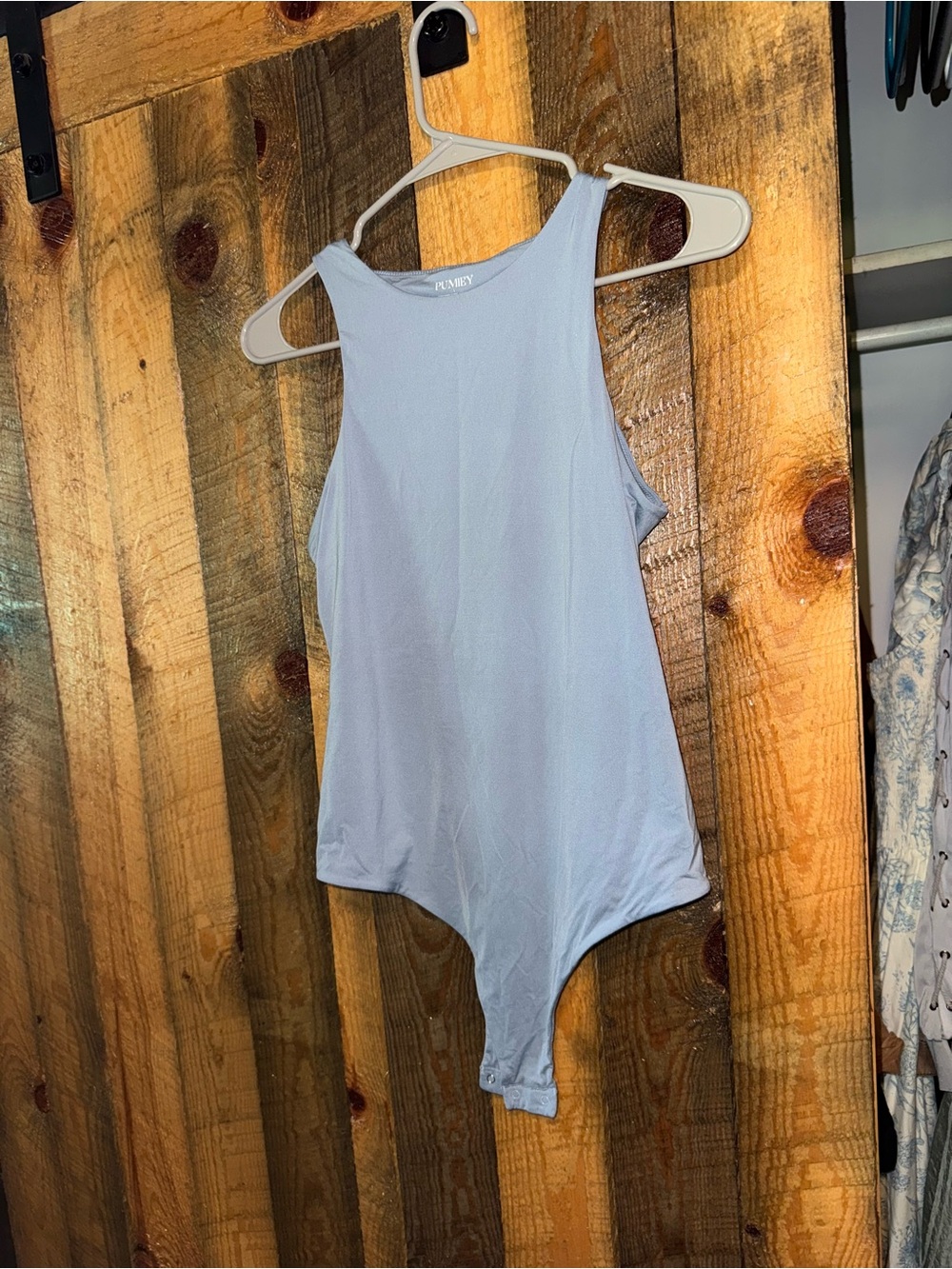Light Blue Ribbed High-Neck Bodysuit